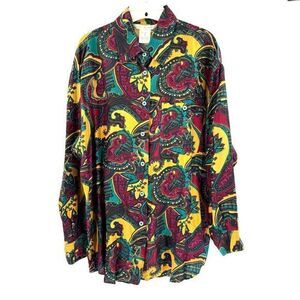 90s Jack Mulqueen 100% Silk Womens Blouse Paisley Floral Size Medium Purple Gold